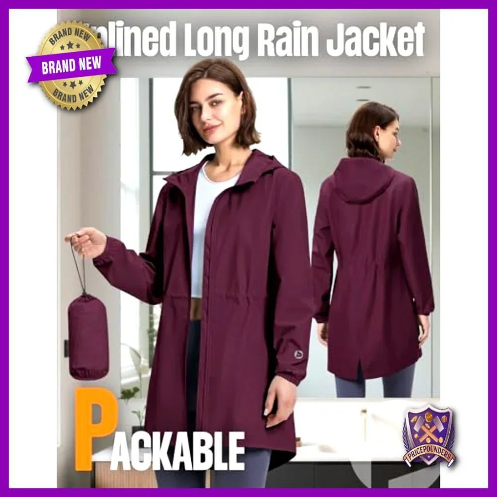 Waterproof Packable Rain Jacket Lightweight Windproof Trench Coat With Hood